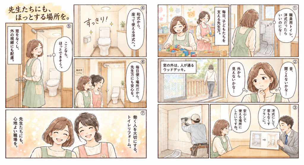 保育園の先生たちのトイレリフォーム漫画。和式から洋式へ、窓をなくして安心に配慮した事例