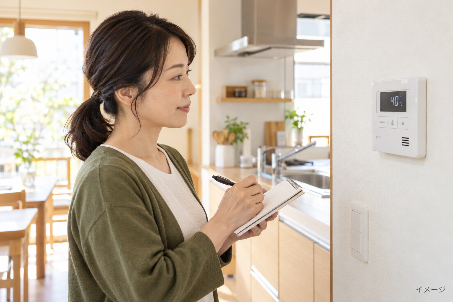 給湯器のリモコン表示を確認して記録するイメージ